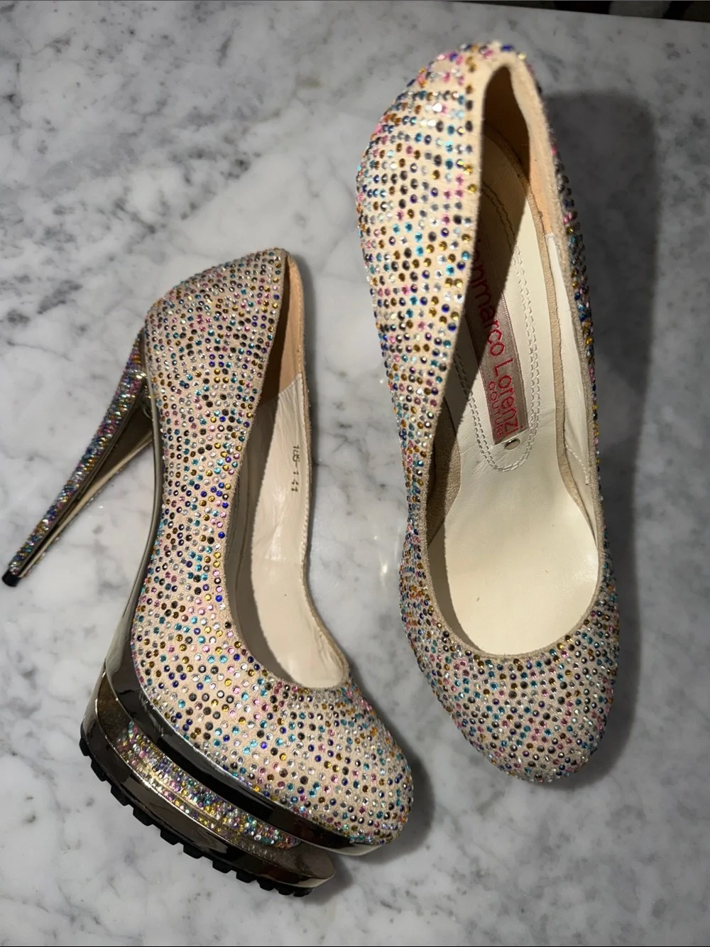 Gianmarco Lorenzi Discoball Gold Swarovski Crystal Platform Stiletto Size 11